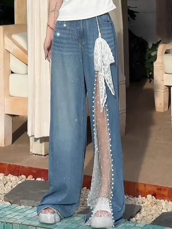 2025 Autunno Inverno Pantaloni in denim da donna Mesh Patchwork Y2K Streetwear Jeans larghi Grunge g