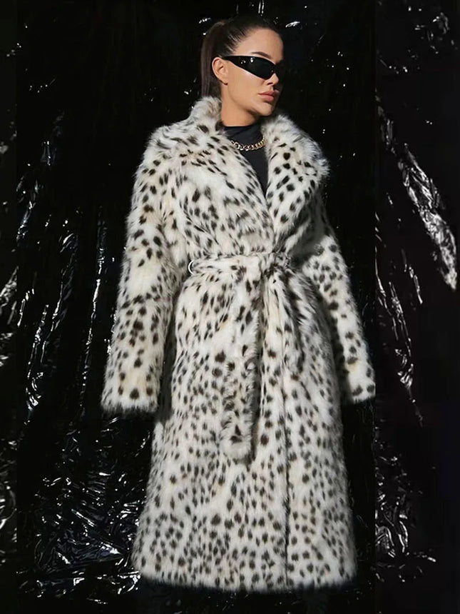 ZADORIN Luxury Belted Long Leopard Faux Fur Coat Woman Y2k Clothes Fashion Lapel Thick Warm Fluffy Jacket Fur Coats Outerwears