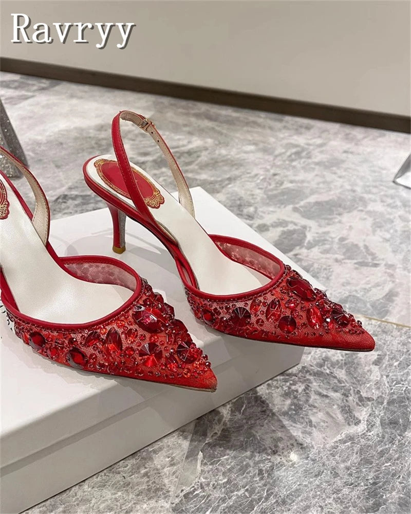 Pointed Toe Lace Crystal Women Pumps New Wedding High Heel Shoes Luxury Design Sexy Bride Party Stiletto Sandals