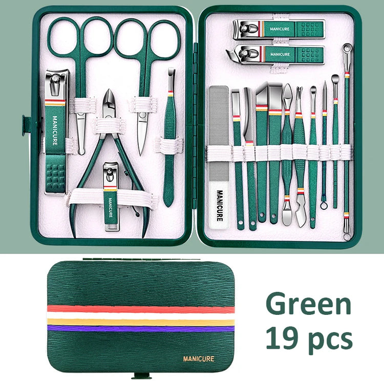 19Pcs Stainless Steel Manicure Set Portable Nail Clipper Kit with Foldable Storage Bag Nail Cutters Scissors Beauty Grooming Tools