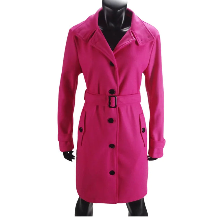 New Solid Color Button Long Wool Coat Autumn Warm Stand Collar Women Coat Fashion Ladies High Neck Pocket Belt Trench Coat