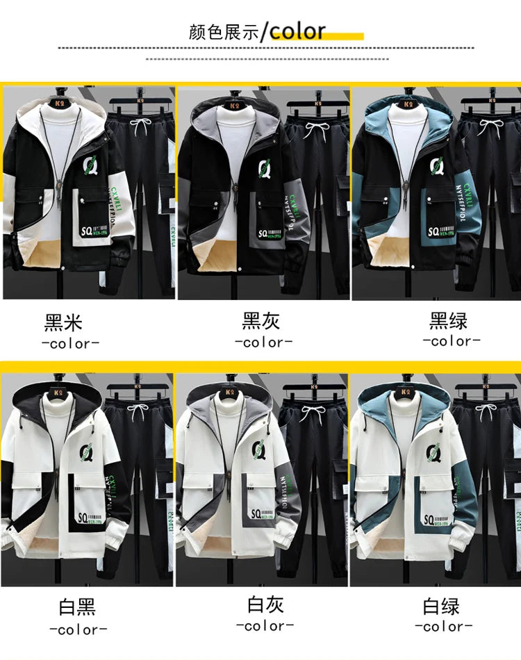 Winter Outfits Men Thick Warm Tracksuit Set Men Fashion Clothing SportswearJacket Pants 2 Piece Fleece Lined Sets