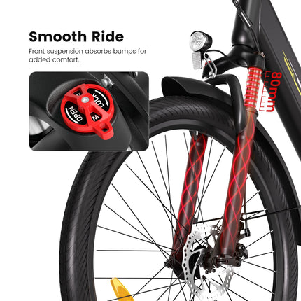 J1 Bici Elettrica 250W Pedelec, Batteria Rimovibile 36V 15,6Ah, Autonomia Assistita fino a 100 km, Bicicletta Elettrica Trekking 27,5”, Sospensione Anteriore con Blocco, 7 Velocità, Freni a Disco, Display LCD, per Pendolar