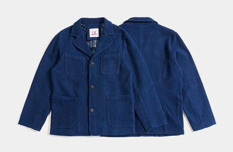 Men's Indigo Cargo Jacket Height Weight Cotton Lapel Multi-pocket Jacket Male French Vintage Thick Workwear Tooling Jacket Coat