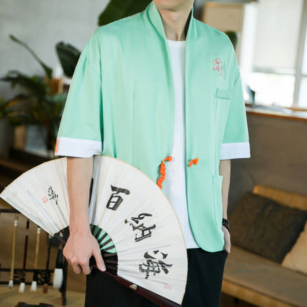 Nuova Camicia Giapponese da Samurai Ricamata in Cotone e Lino da Uomo, Vestibilità Ampia, Stile Retrò Tradizionale, Casual, Traspirante, Confortevole ed Elegante
