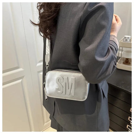 Chic SM Letter Camera Bags, Stylish Women’s Crossbody Small Square Purses with Wide Patterned Straps, Perfect for Daily Casual PlatiNum