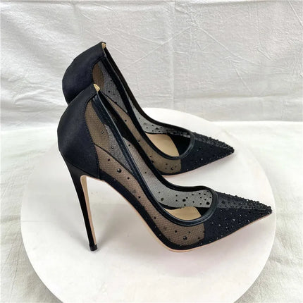 Scarpe con strass in rete traspirante Donna 8CM 10CM 12CM Décolleté a spillo Moda Punta a punta Serata estiva Tacchi alti Nero