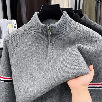 Old Money Style Striped Contrasting Half Zip Stand Up Collar Sweater for Men in Autumn and Winter, Loose and Lazy Knit Sweater