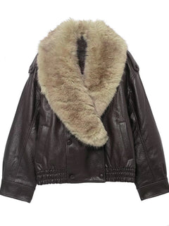 TFMLN 2025 Winter Women Loose Faux Leather Jacket Fashion Removed Big Fur Collar Causal Coat High Street Double Breasted Outwear