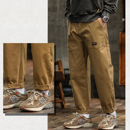 HIQOR Mens Clothing Spring Autumn Cargo Pants Man Cotton Casual Loose Trouser Belt Mid Waist Joggers Male Straight Baggy Pants