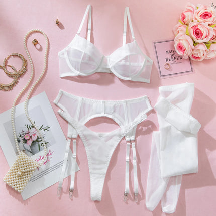 Luxury Dark Style 4Pcs Women's Lingerie Set Push-up Underwire Bra Garter Belt Thong Panty Stocking Erotic Intimate Outfits