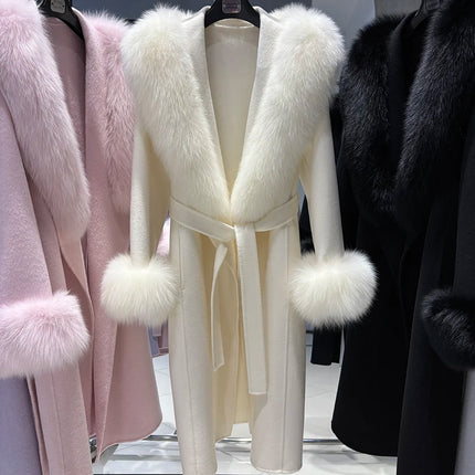 YOLOAgain Women's 100% Wool Coat Long With Detachable Real Fox Fur Collar 2025 Autumn Elegant Double-Sided Wool Coat