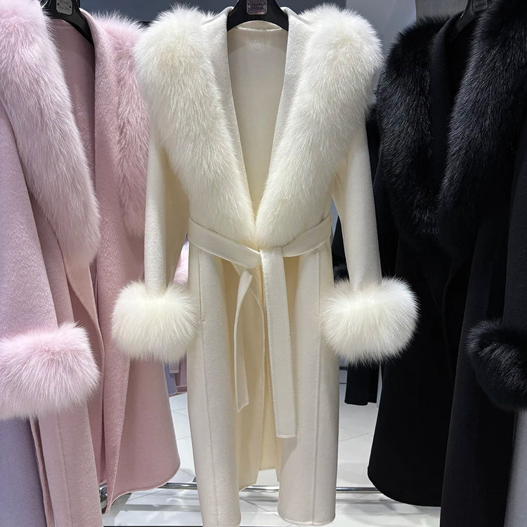 YOLOAgain Women's 100% Wool Coat Long With Detachable Real Fox Fur Collar 2025 Autumn Elegant Double-Sided Wool Coat