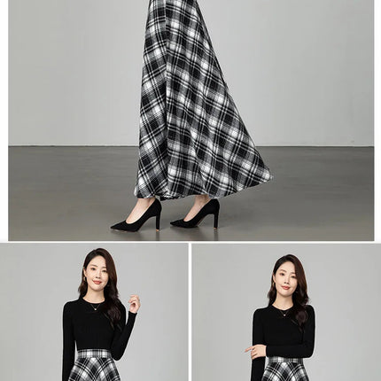 New Women Thick Woolen Skirt Autumn Winter Fashion Elastic High Waist A-Line Long Plaid Skirt Elegant Easy Match Wool Skirt PlatiNum