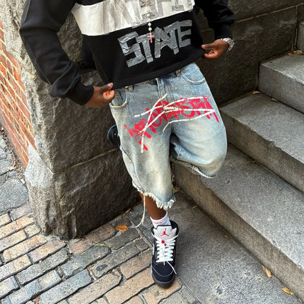 Y2K Graffiti Jorts Pantaloncini di jeans stampati effetto consumato con strass Uomo Donna Tendenza Retro Hip Hop Streetwear Pantaloni corti larghi unisex