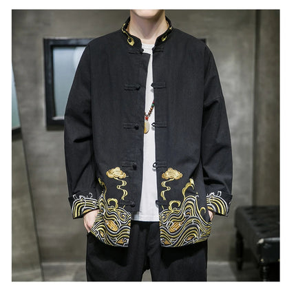 Camicie da uomo ricamate 2026 primavera stile cinese retrò colletto alla coreana giacca in cotone e lino cardigan da uomo Kungfu allentato casual Top