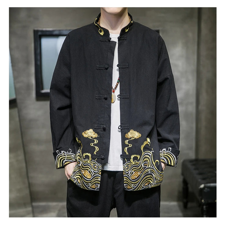 Camicie da uomo ricamate 2026 primavera stile cinese retrò colletto alla coreana giacca in cotone e lino cardigan da uomo Kungfu allentato casual Top