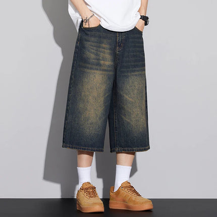 Pantaloncini Seven-Five in denim non elastico da uomo, vestibilità ampia, vestibilità ampia, versatile, stile semplice, casual