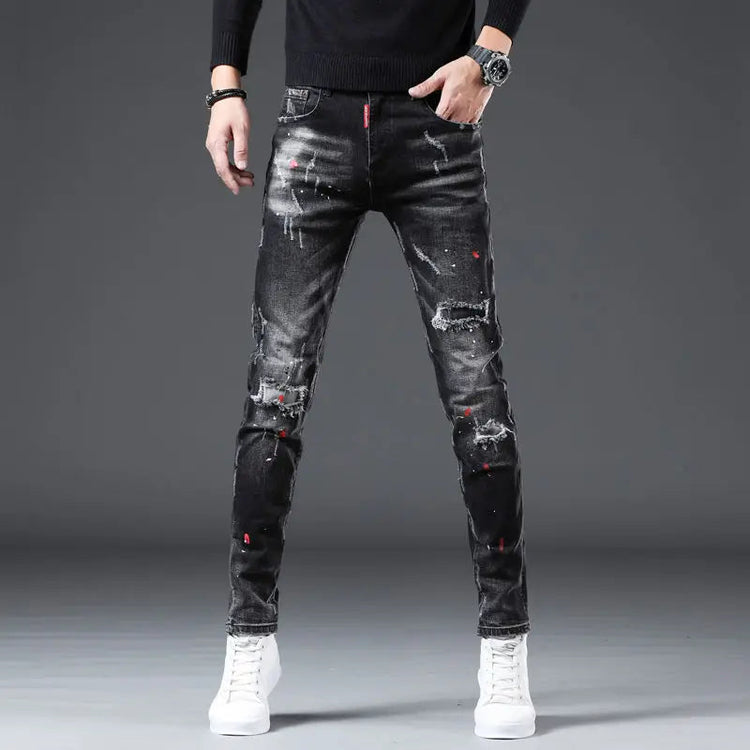 New Arrival Spring Autumn Denim Jeans for Men Slim Distressed Ripped Pants Paint Splatter Design Streetwear Luxury Slim Jeans PlatiNum