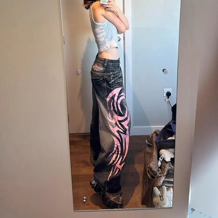 Y2K Jeans larghi con stampa totem screziati vintage americano Jeans da donna a vita alta a gamba larga Jeans hip-hop alla moda da donna