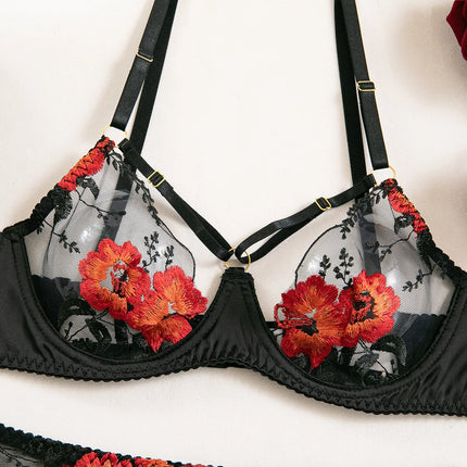 Krasapt Luxury Floral Embroidery Lingerie 2Pcs Sets Sensual Mesh See Through Bra And Panty Garter Erotic Suits Delicate Bilizna