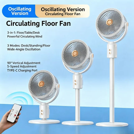 Ventilatore Turbo 3-in-1 per Circolazione d'Aria Domestica, Ventilatore da Terra e da Tavolo Retrattile con Telecomando, Ventilatore Portatile per Ufficio e Camera da Letto