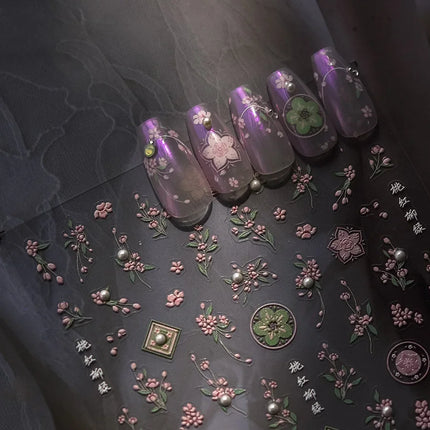 5D Kawaii Lily Nail Art Stickers 1pcs Japanese Pink White Flower With Diamond Self Adhesive Nail Decorations Slider Decals DIY