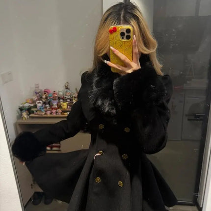 Winter Hepburn Black Fur Collar Woolen Coat French Style Vintage Blends Slim Mid-length Outwear Elegant Lolita Warm Outfits New
