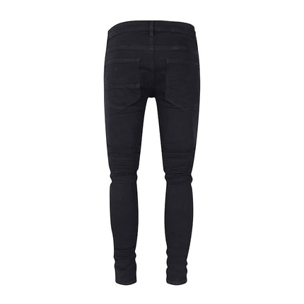 Designer street fashion men's jeans washed, elastic, slim fit, perforated, cashew flower patch, black denim high street pants, h PlatiNum