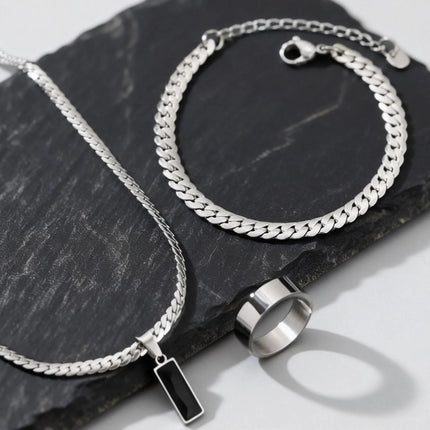 Elegante Set di Gioielli da Uomo con 3 Pezzi, Catena Cubana Piatta, Ciondolo Geometrico in Acciaio Inox con Pietra, Gioielli Hip Hop, Regalo per Lui platinumshop