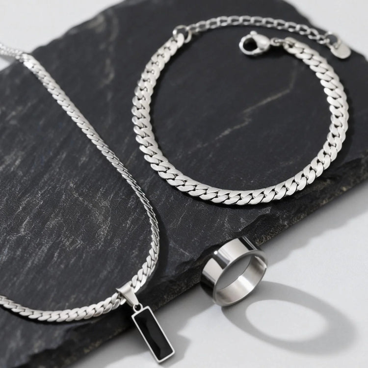Elegante Set di Gioielli da Uomo con 3 Pezzi, Catena Cubana Piatta, Ciondolo Geometrico in Acciaio Inox con Pietra, Gioielli Hip Hop, Regalo per Lui platinumshop