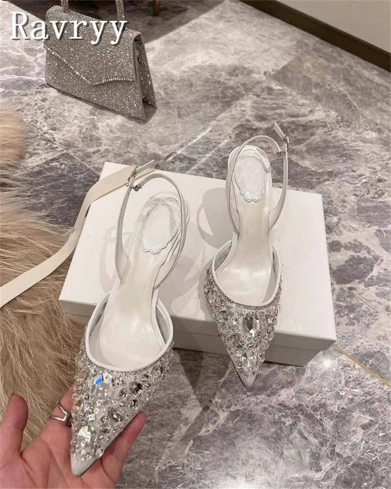 Pointed Toe Lace Crystal Women Pumps New Wedding High Heel Shoes Luxury Design Sexy Bride Party Stiletto Sandals