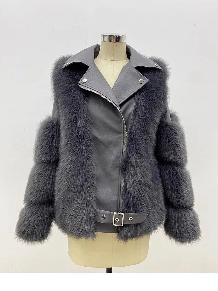 ZADORIN Top Fashion Luxury FAUX Fox Fur Coat Motorcycle PU Leather Turn Down Collar Warm Faux Fur Jacket Women Autumn Winter New