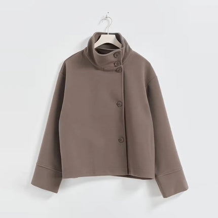 Elegant Women's Belt Short Woolen Coats Loose Stand Collar Single-breasted Long Sleeve Jacket 2026 Autumn Lady Commute Outwear