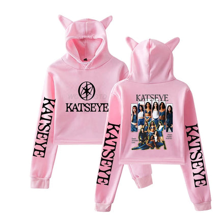 Harajuku Fashion Streetwear Girls Hoodie KATSEYE New Street Style Cat Ear Crop Tops Pullover Girl Vintage Gothic Y2k Sweatshirts