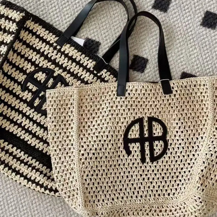 Large Capacity AB Letter Woven Straw Tote Bag, Beach Vacation Women's Striped RIO City Simple Style Casual Travel Bag