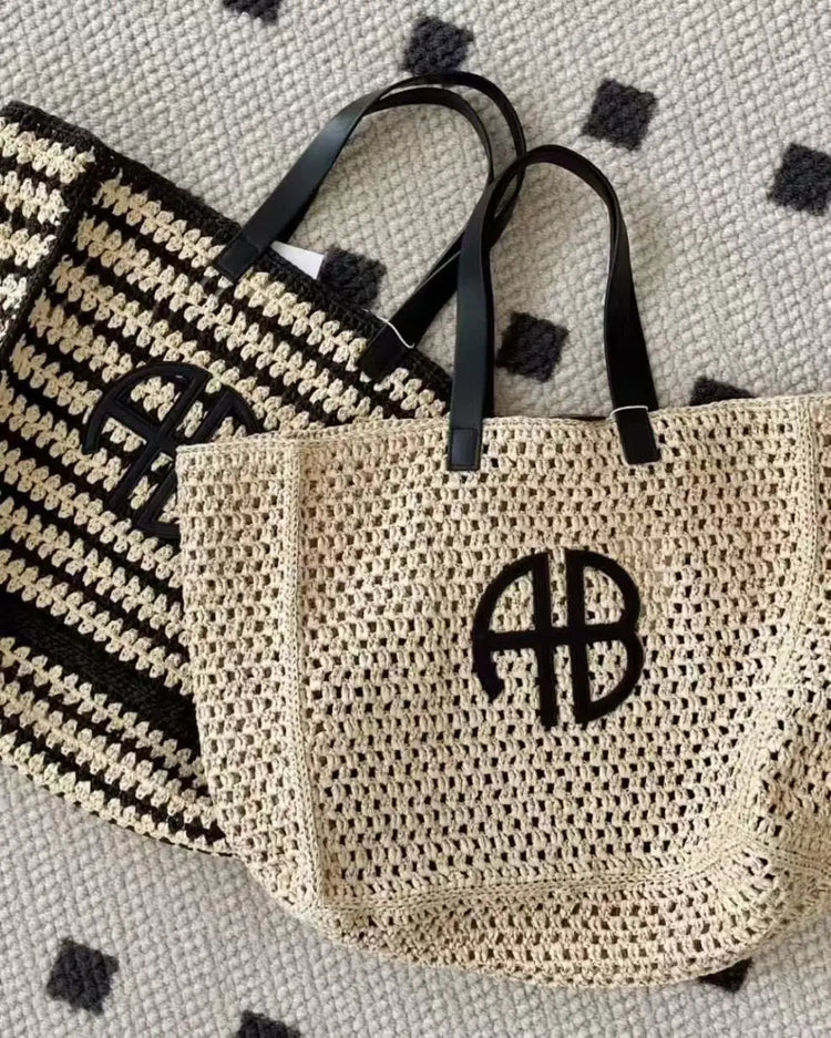 Borsa tote in paglia intrecciata con lettera AB di grande capacità, per vacanze al mare, da donna, a righe, RIO City, stile semplice, borsa da viaggio casual