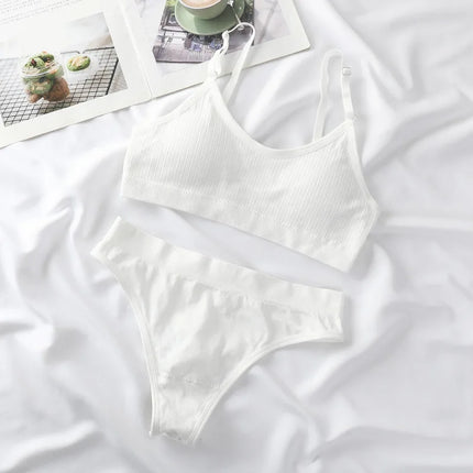 Women Seamless Bra And Panties Set Sexy Lingerie High Waist Thong Comfy Wire Free Bra Female Solid Color Ribbed Underwear Set
