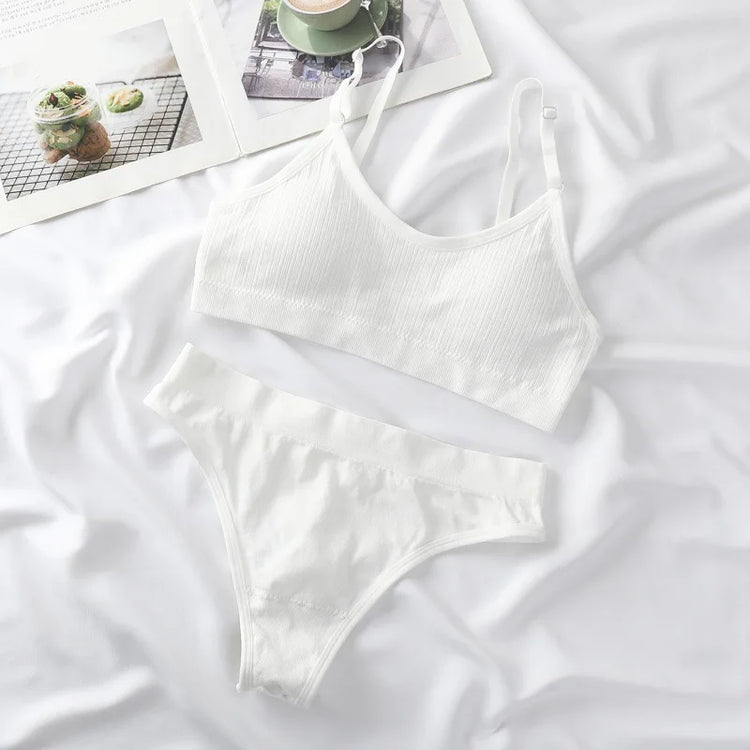 Women Seamless Bra And Panties Set Sexy Lingerie High Waist Thong Comfy Wire Free Bra Female Solid Color Ribbed Underwear Set