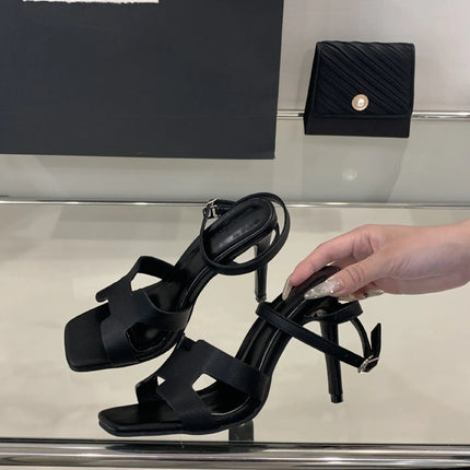 Alionly 2026 New Summer Fashion Open Toe Sandals Women Metal Buckle Narrow Band Thin Low Heel Gladiator Party Shoes