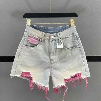 Pantaloncini di jeans con foro rosa stile coreano Donna Estate Nuova vita alta Bordo grezzo A-line Pantaloncini per ragazze calde Pantaloni caldi sottili di nicchia di moda