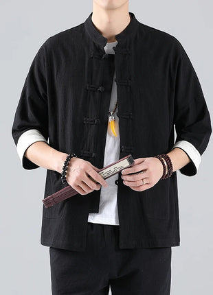 Camicie in Stile Cinese per Uomo, Top Tradizionale Tang in Lino a Mezza Manica, Camicia Kung Fu Hanfu Vintage Casual, Taglie Grandi fino a 5XL