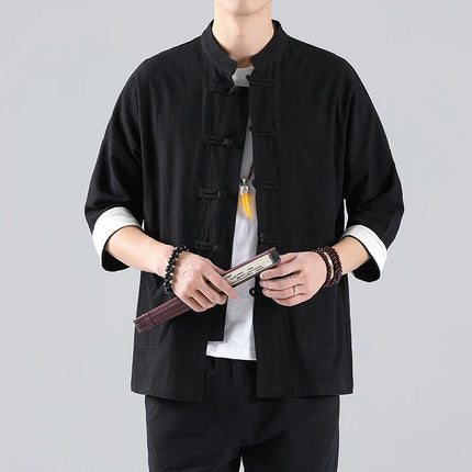 Camicie in Stile Cinese per Uomo, Top Tradizionale Tang in Lino a Mezza Manica, Camicia Kung Fu Hanfu Vintage Casual, Taglie Grandi fino a 5XL