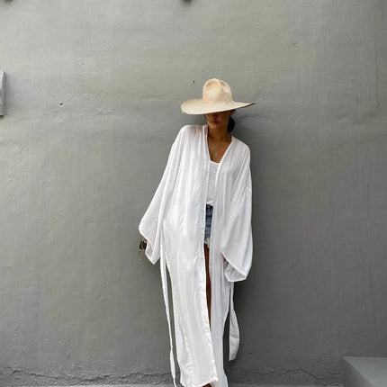 Solid Beach Cover Up Women Self Belted Wrap Kimono Dress Costume da bagno 2025 New Robe Summer Beachwear Fornitura in fabbrica platinumshop