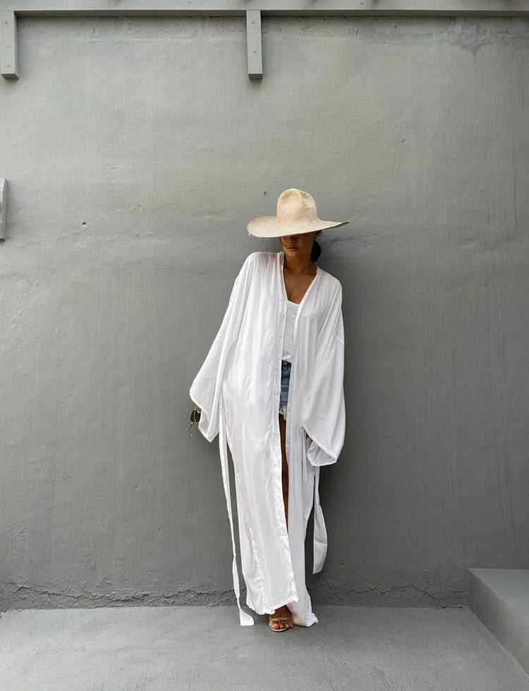 Solid Beach Cover Up Women Self Belted Wrap Kimono Dress Costume da bagno 2025 New Robe Summer Beachwear Fornitura in fabbrica platinumshop