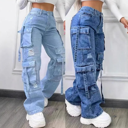 Nuovi Jeans da Donna 2026 alla Moda, Tinta Unita, Casual, Stile Workwear, in Denim, a Vita Alta, Multitasche, Vestibilità Ampia, Versatili, Taglie Forti