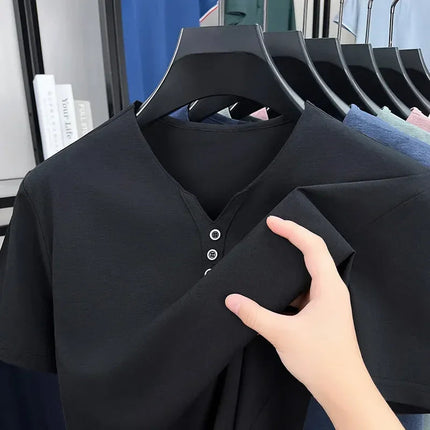 New Men's Casual and Fashionable Three Button V-neck Solid Color Short Sleeved T-shirt Summer Versatile Top PlatiNum