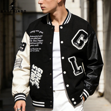 Men's Casual Varsity Jacket Racing Letterman Baseball Coat Vintage Embroidery Outerwear Streetswear with Faux Leather Sleeves