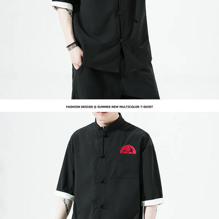 Camicie Retrò da Uomo Ricamate Stile Kung Fu Tai Chi, Camicie Casual a Maniche Corte, Stile Cinese in Lino Traspirante e Cotone per Uomo
