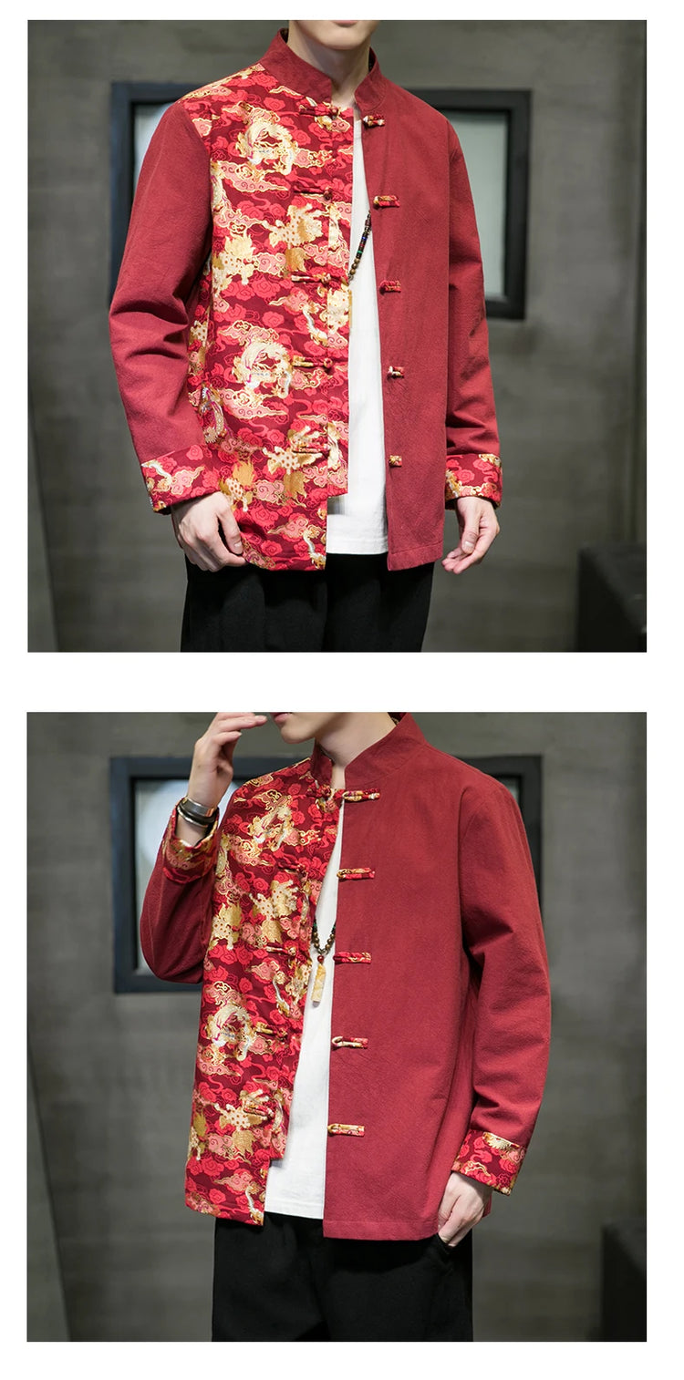 Camicie da uomo ricamate 2026 primavera stile cinese retrò colletto alla coreana giacca in cotone e lino cardigan da uomo Kungfu allentato casual Top